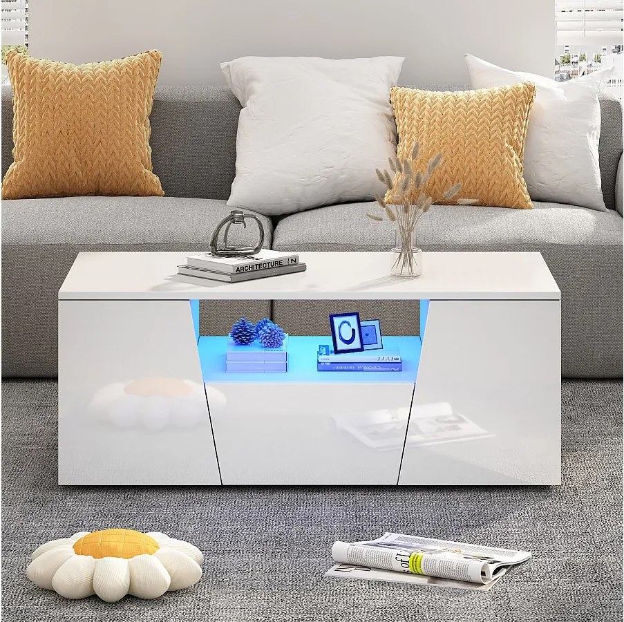 Stolik kawowy błyszczący - 100 x 50 x 40 cm - z diodami LED + 2 drzwi + 1 szuflada - płyta wiórowa - biały