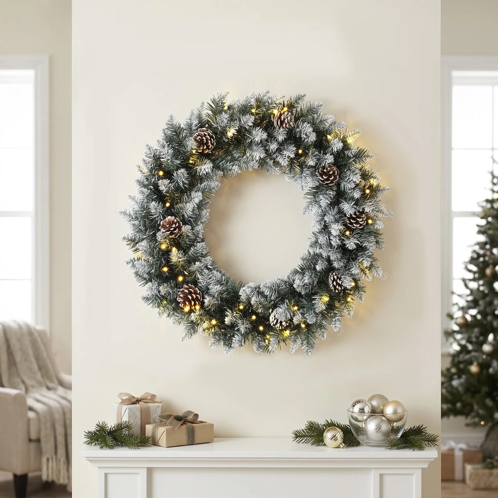 HOMCOM Wieniec świąteczny 60 cm oświetlony, wieniec drzwiowy z 50 LED, szyszki, sztuczny śnieg na Boże Narodzenie i adwent, drzwi wejściowe | Aosom PL