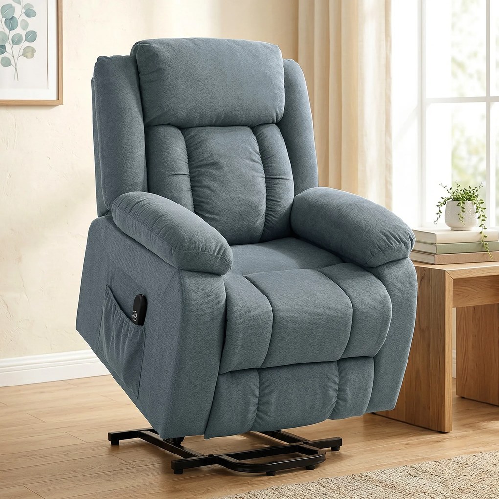 HOMCOM Fotel z funkcją wstawania z miękkim obiciem, Rekliner z pilotem i bocznymi kieszeniami, Szary