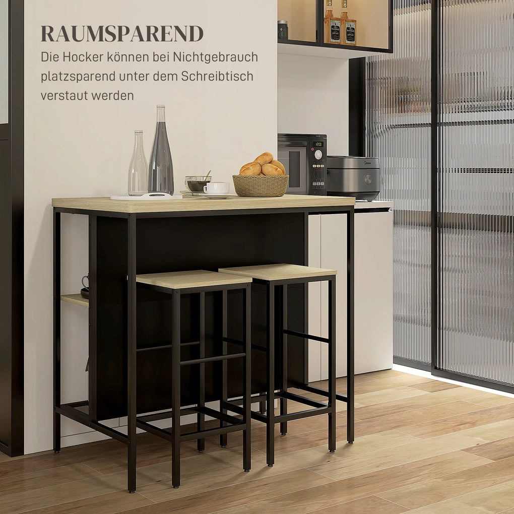 HOMCOM Zestaw barowy z 2 hokerami i stołem barowym odporny na plamy stabilny stalowa rama czarny dąb | Aosom PL