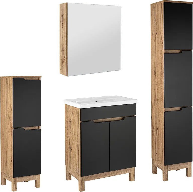 Zestaw Łazienkowy 60cm 2D Alma Słupki Szafka z Lustrem Dąb Wotan / Czarny Mat