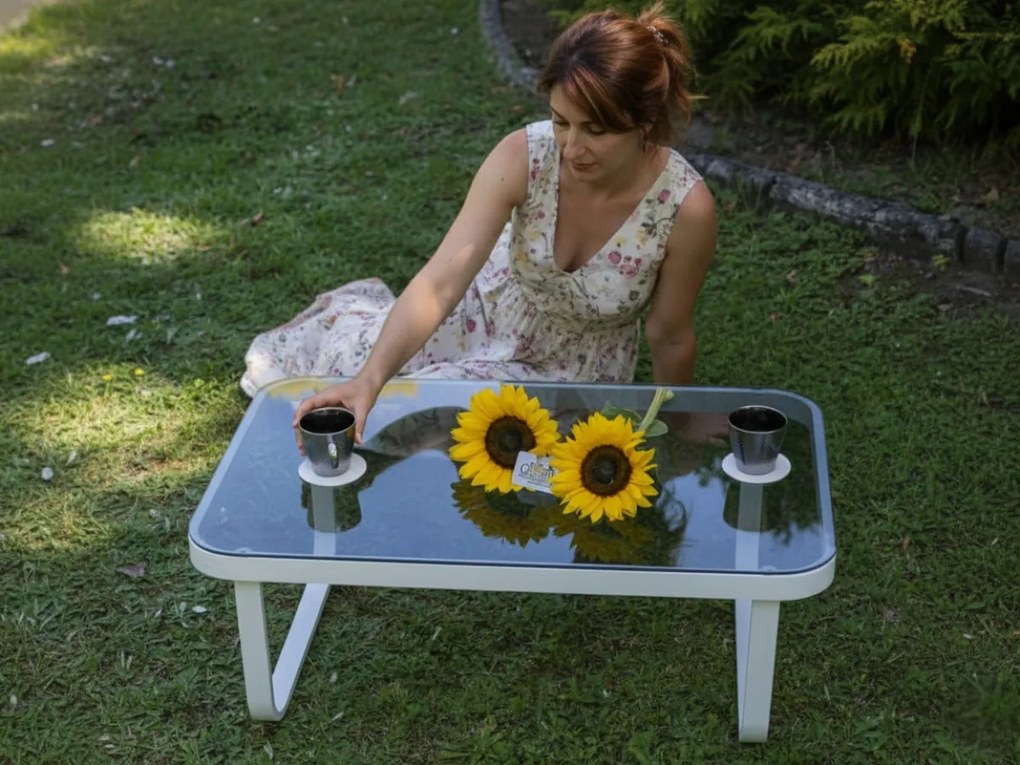 Stolik Kawowy Aluminiowy RARO szklany blat, biały