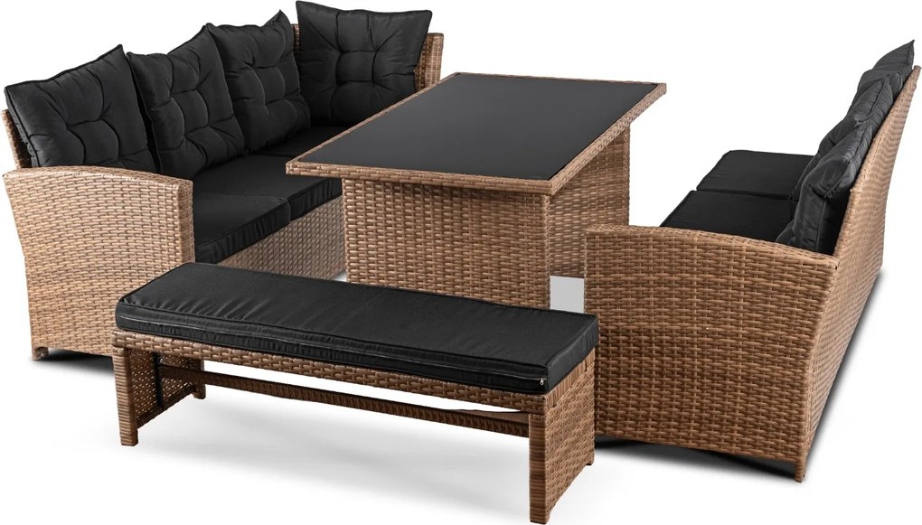 Narożnik ogrodowy technorattan Solvio ze stołem i ławką, jasnobrązowy, poduszki czarne