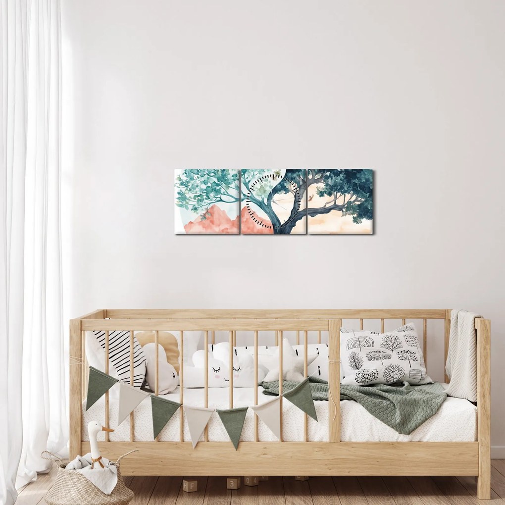 Obraz – Akwarelowe drzewo pełne życia (z zegarem) (90x30 cm)