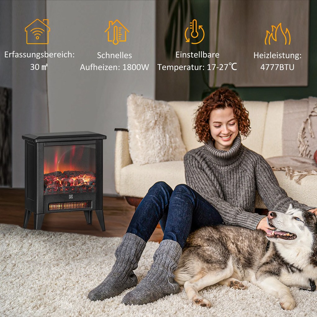 HOMCOM Elektryczny kominek z realistycznym efektem ognia, zabezpieczeniem przed przegrzaniem i niskim poziomem hałasu, 1800W, Czarny