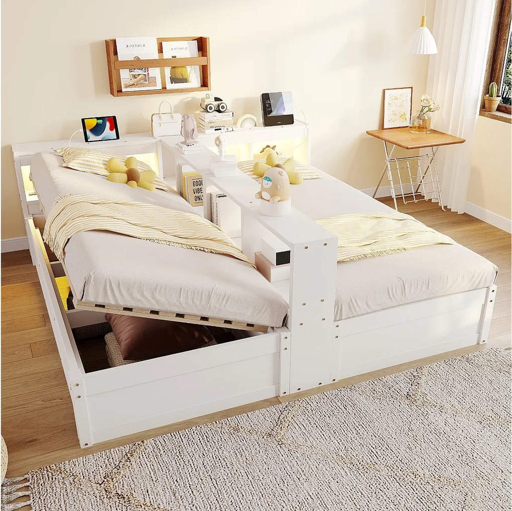 Łóżko hydrauliczne dla dzieci, podwójne, z pojemnikiem - 90/180 x 200 cm - z półkami + diody LED + gniazdko elektryczne - MDF - białe