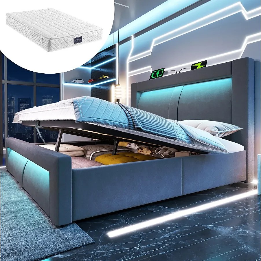 Łóżko podwójne ze schowkiem - 160 x 200 cm - z hydraulicznym stelażem + diody LED + USB + zaokrąglony zagłówek - welurowe - szare (z materacem)