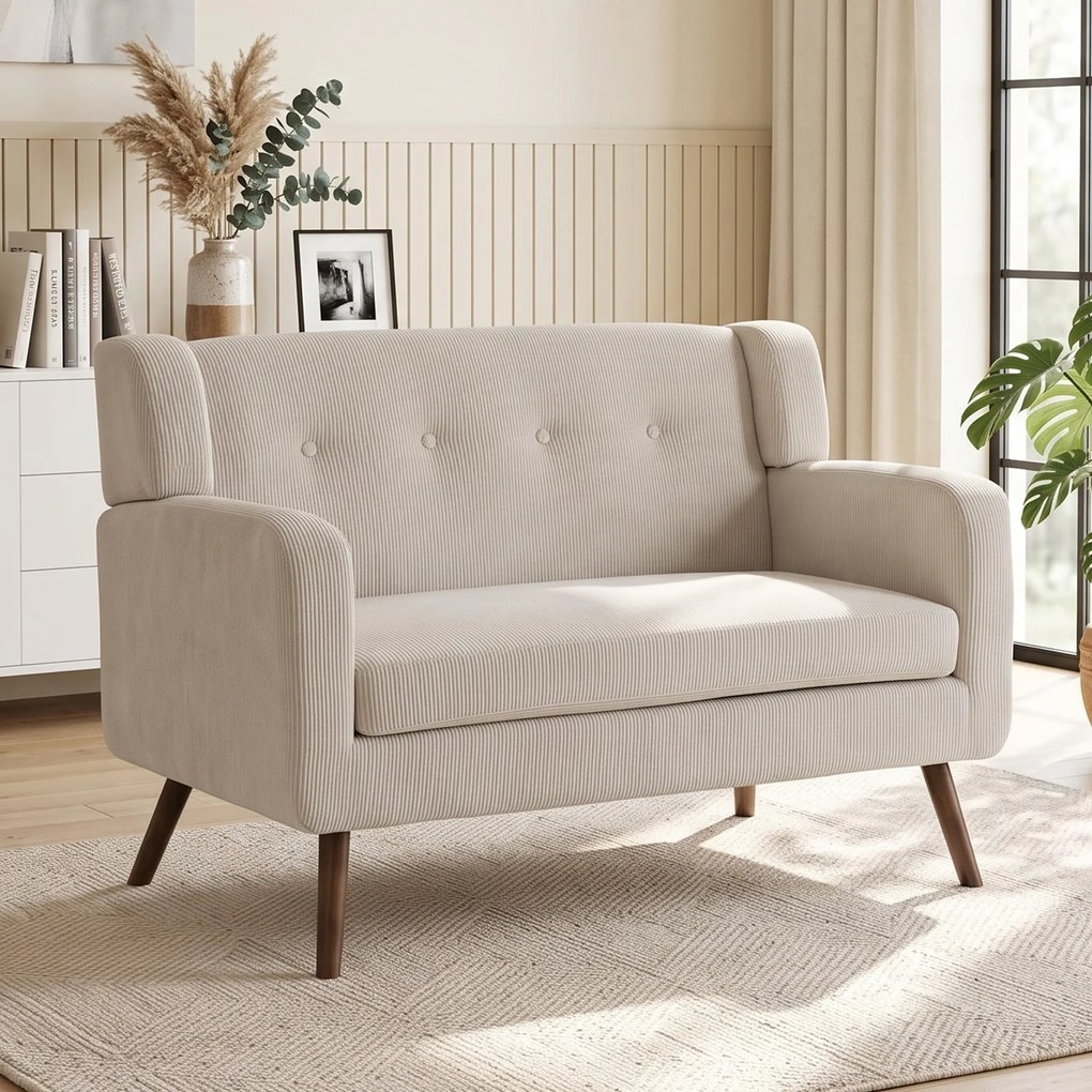 HOMCOM Sofa 2-osobowa 118 cm z wyglądem sztruksu, pikowanie z guzikami Wygodna nowoczesna sofa tapicerowana z drewnianymi nogami do małych pomieszczeń | Aosom PL