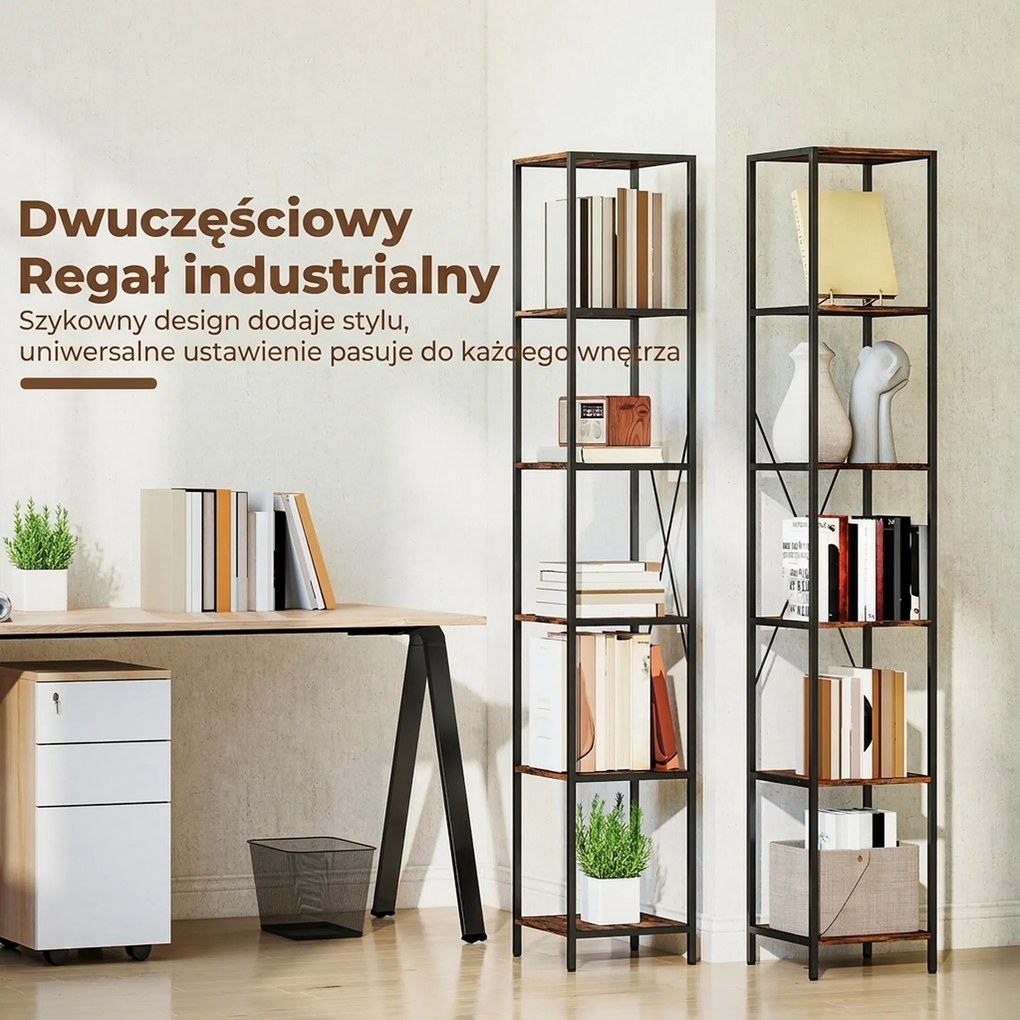 HOMCOM Zestaw 2 regałów 6-poziomowych, rama stalowa, do salonu, biura, sypialni, Rustykalny-Brąz