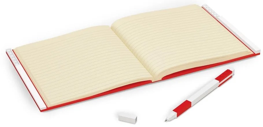 Czerwony kwadratowy notatnik z długopisem żelowym LEGO®, 15,9x15,9 cm