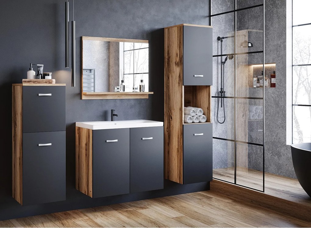 meble łazienkowe, zestaw wiszący do łazienki z umywalką, lustrem i 2 słupkami, korpus wotan fronty czarny mat