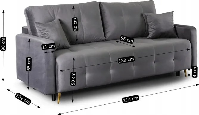 Sofa z Funkcją Spania SEUL Rozkładana Dwuosobowa Welurowa Szara Glamour
