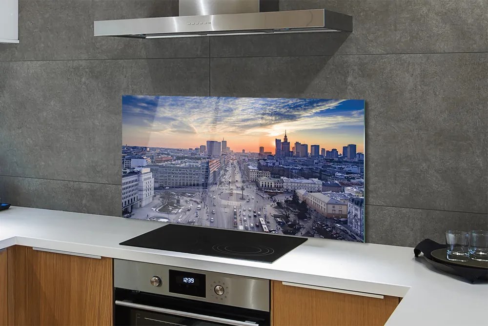 Szkło do Kuchni na Ścianę Warszawskie Wieżowce o Zmierzchu