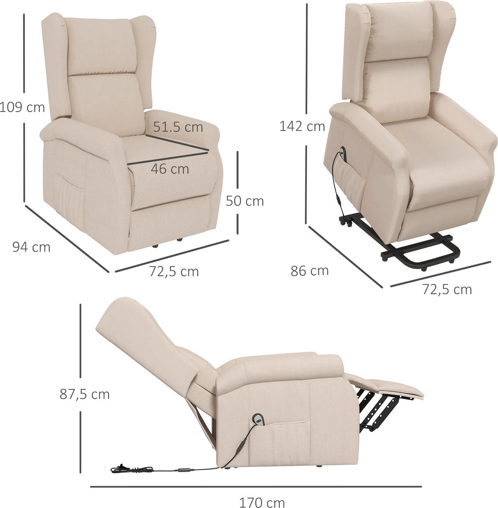 HOMCOM Fotel Relax z funkcją pomocy przy wstawaniu, leżenie, do 200kg, 72,5x94x109cm, kremowy