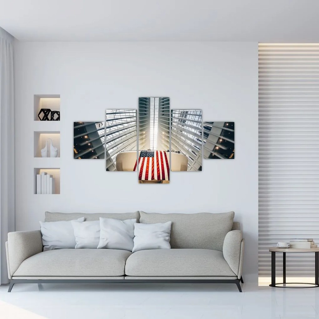 Obraz budynku z flagą USA (125x70 cm)