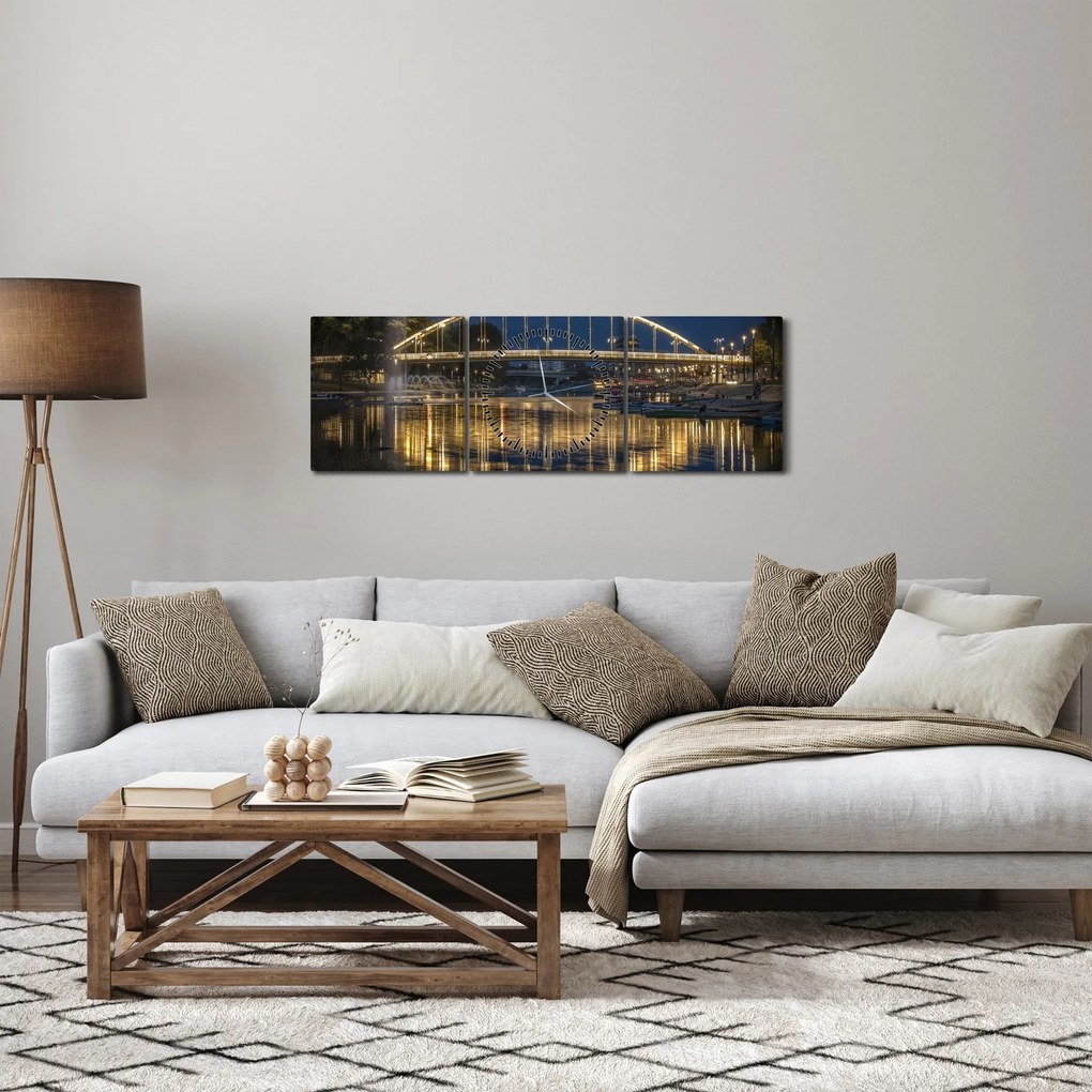 Obraz mostu z fontanną (z zegarem) (90x30 cm)