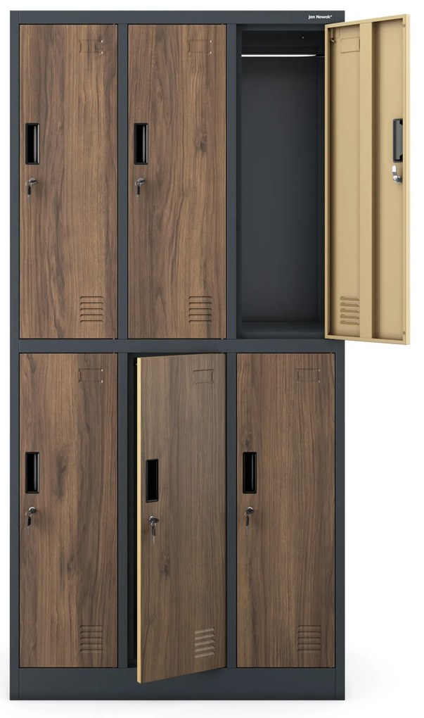 Szafa socjalna 6-drzwiowa IGOR, 900 x 1850 x 450 mm, Eco Design: antracytowa/ orzech