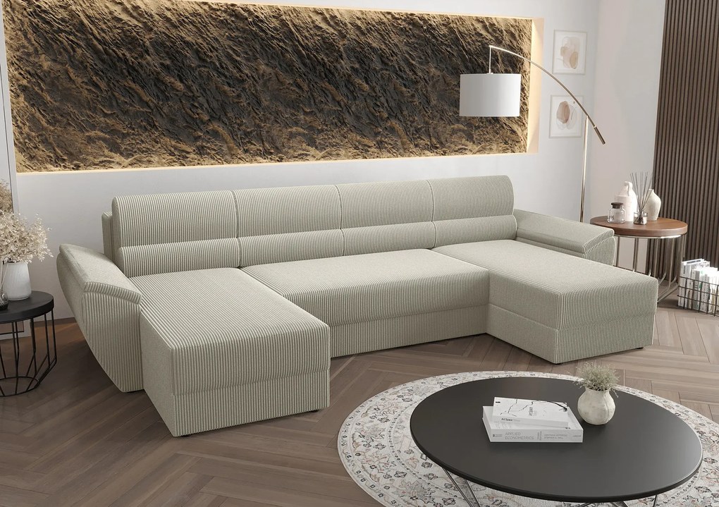 Beżowy narożnik w kształcie U z pojemnikiem K7-N80