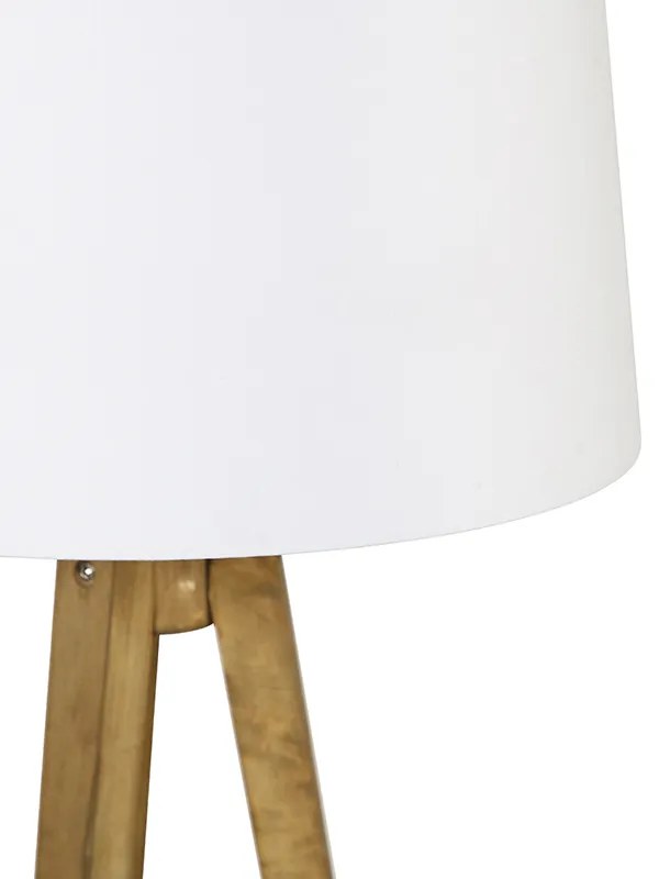 Rustykalna lampa podłogowa na trójnogu z vintage'owego drewna z białym abażurem z lnu 45 cm - Tripod Classic Rustykalny / Vintage Oswietlenie wewnetrzne