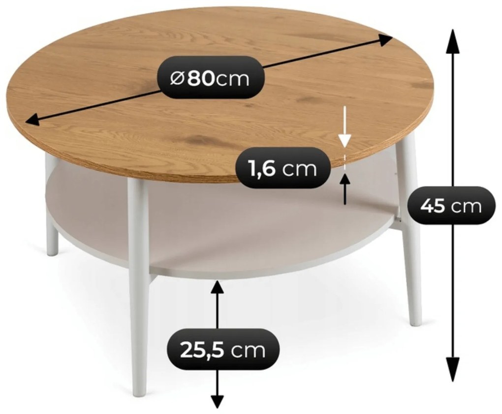 Stolik Kawowy Okrągły PAULO MAX 80 cm Dąb/Biały Skandynawski