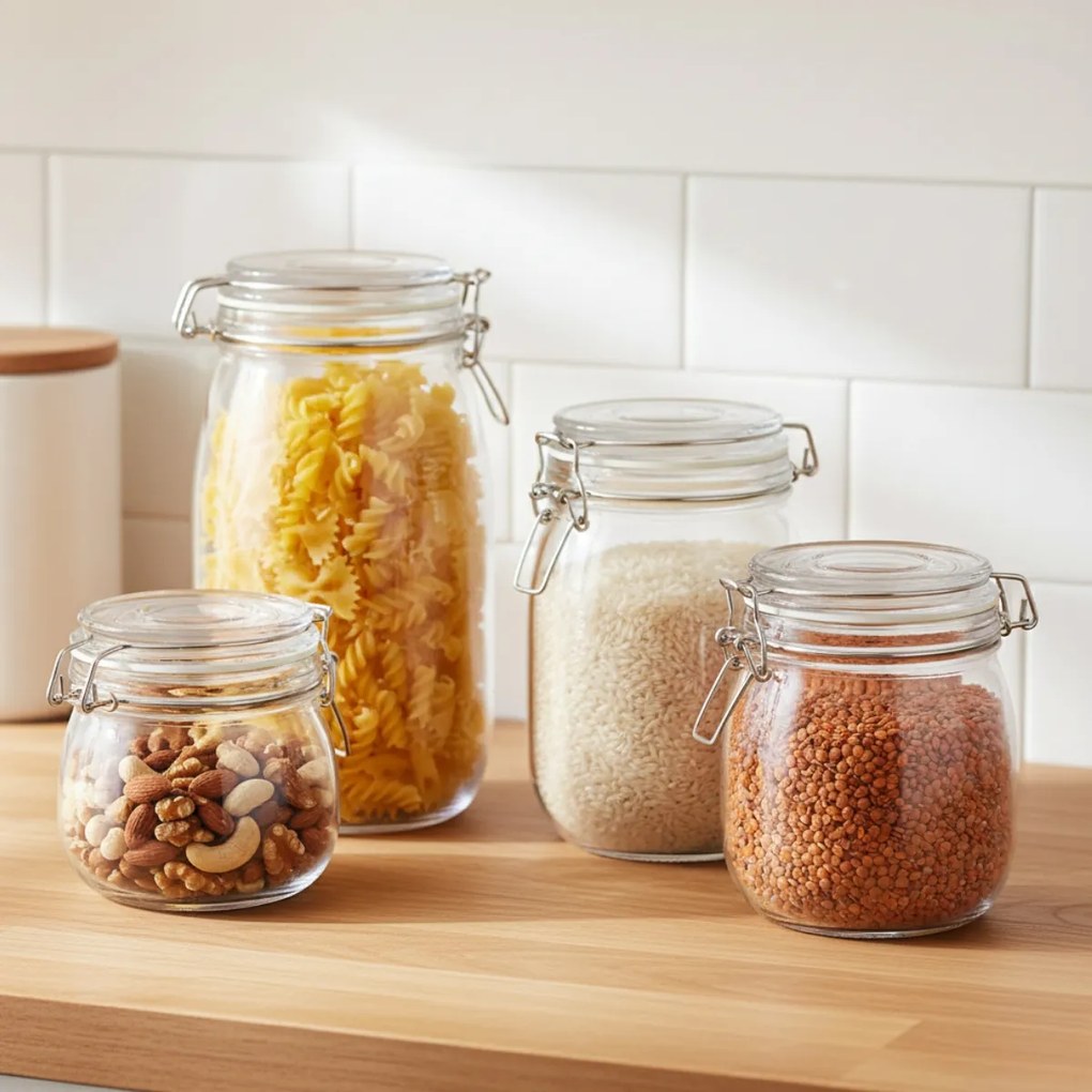 Szklane słoiki z klipsem RESO, 4 sztuki