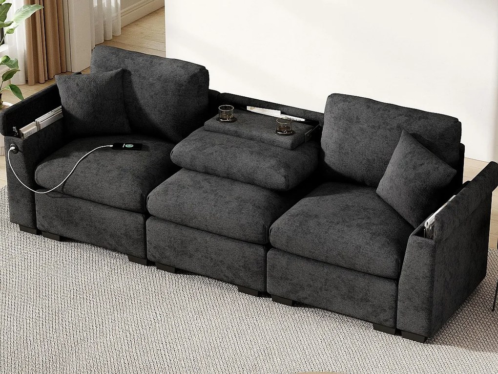 Kanapa 3-miejscowa nowoczesna - z poduszkami i stolikiem składanym - zawiera porty USB i uchwyt na napoje - tkanina typu chenille - szary