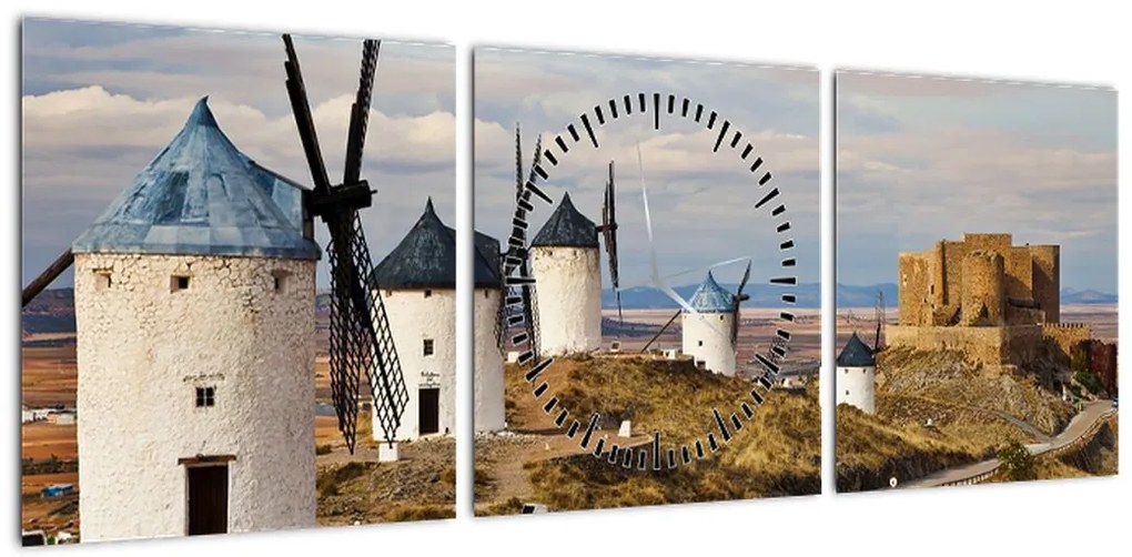 Obraz - Wiatraki Consuegra, Hiszpania (z zegarem) (90x30 cm)