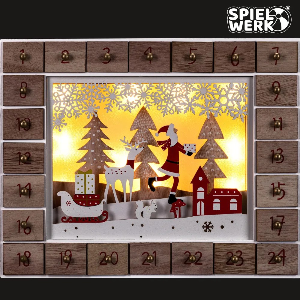 Drewniany kalendarz adwentowy ŚWIĘTY MIKOŁAJ z oświetleniem, 35x6x27cm, biała/brązowa Spielwerk