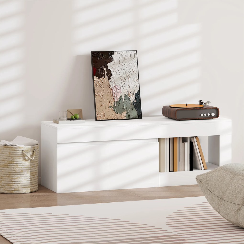 HOMCOM Nowoczesny lowboard TV do salonu z 2 drzwiami, otwartą półką i uchwytami, dla telewizorów do 152,4 cm, 140 x 40 x 48 cm, biały | Aosom PL
