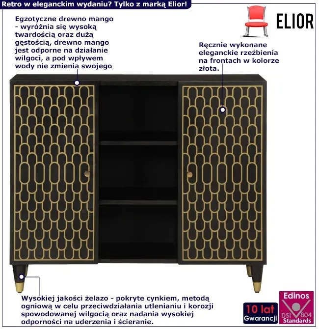 Czarna komoda z półkami na nóżkach H6-S81