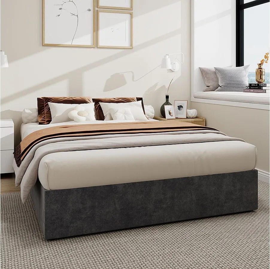 Łóżko z pojemnikiem 140 x 200 cm - Łóżko dla dorosłych bez zagłówka - szary aksamit - materac nie jest wliczony w cenę