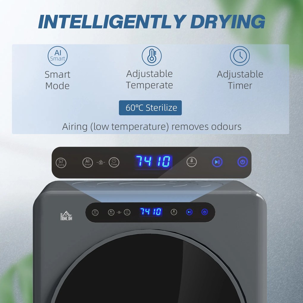 HOMCOM Suszarka do ubrań, 6 programów, 40-60°C, pojemność 4 kg, kompaktowa, obsługa dotykowa, Szary