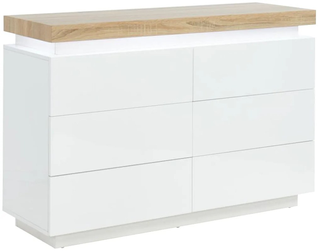 Komoda HALO II - 6 szuflad - lakierowane MDF - diody LED - Kolor: biały i dębowy.