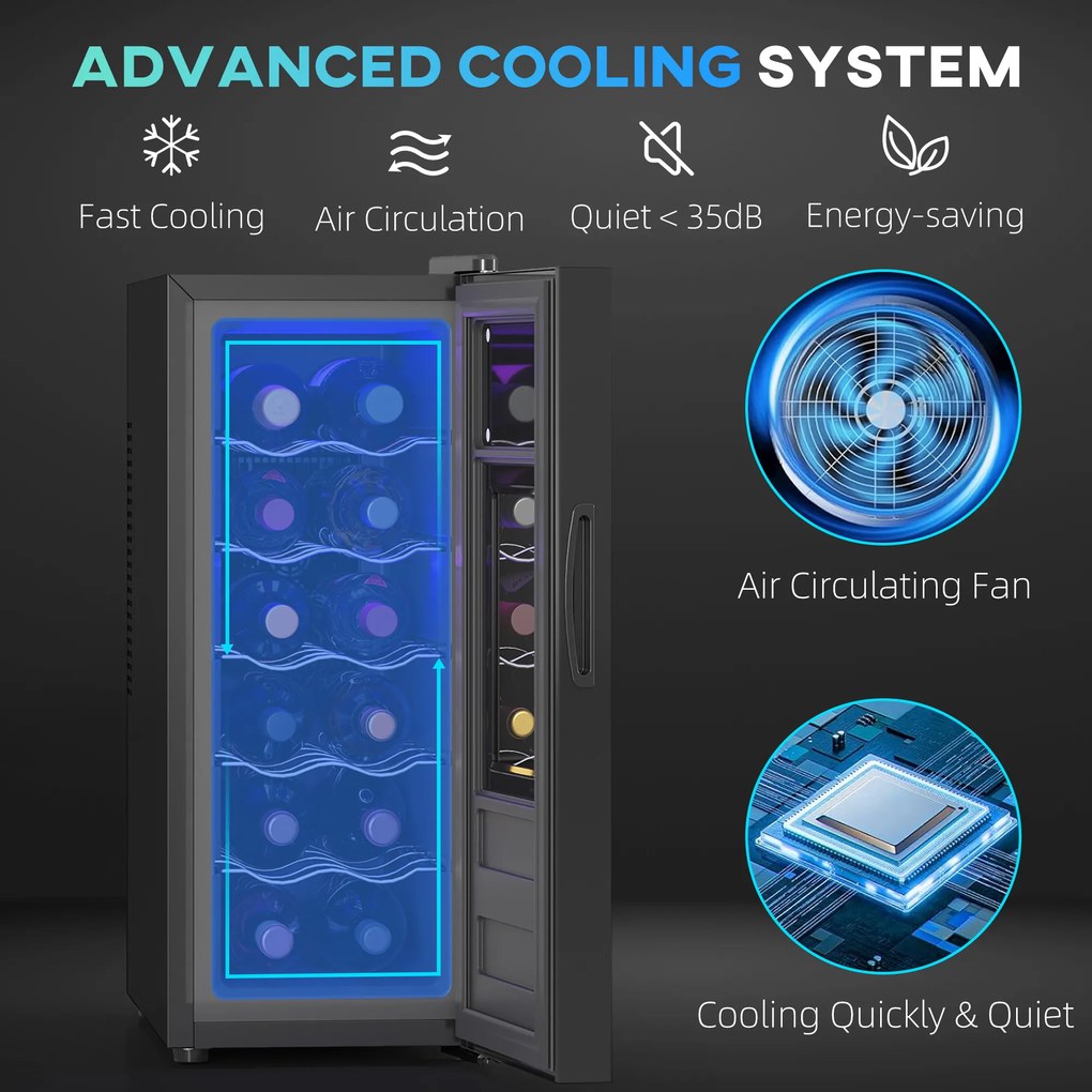 HOMCOM Lodówka na Wino dla 12 Buteli, z Drzwiami Szklanymi, Lodówka na Napoje z Oświetleniem LED, Ekran Dotykowy, Czarna