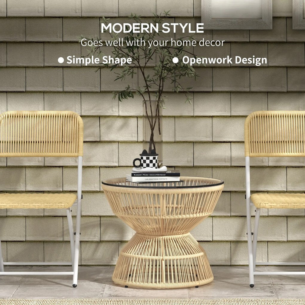 Outsunny Stolik boczny z rattanu Ø60 cm z hartowanym szklanym blatem Styl boho do ogrodu i balkonu Drewno naturalne | Aosom PL