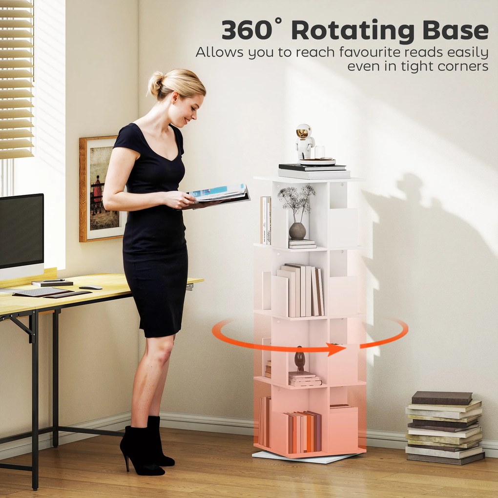 HOMCOM Obrotowy regał na książki z 4 poziomami, 16 przegródkami, łatwy w dostępie, do sypialni, salonu, gabinetu, płyta wiórowa, Biały