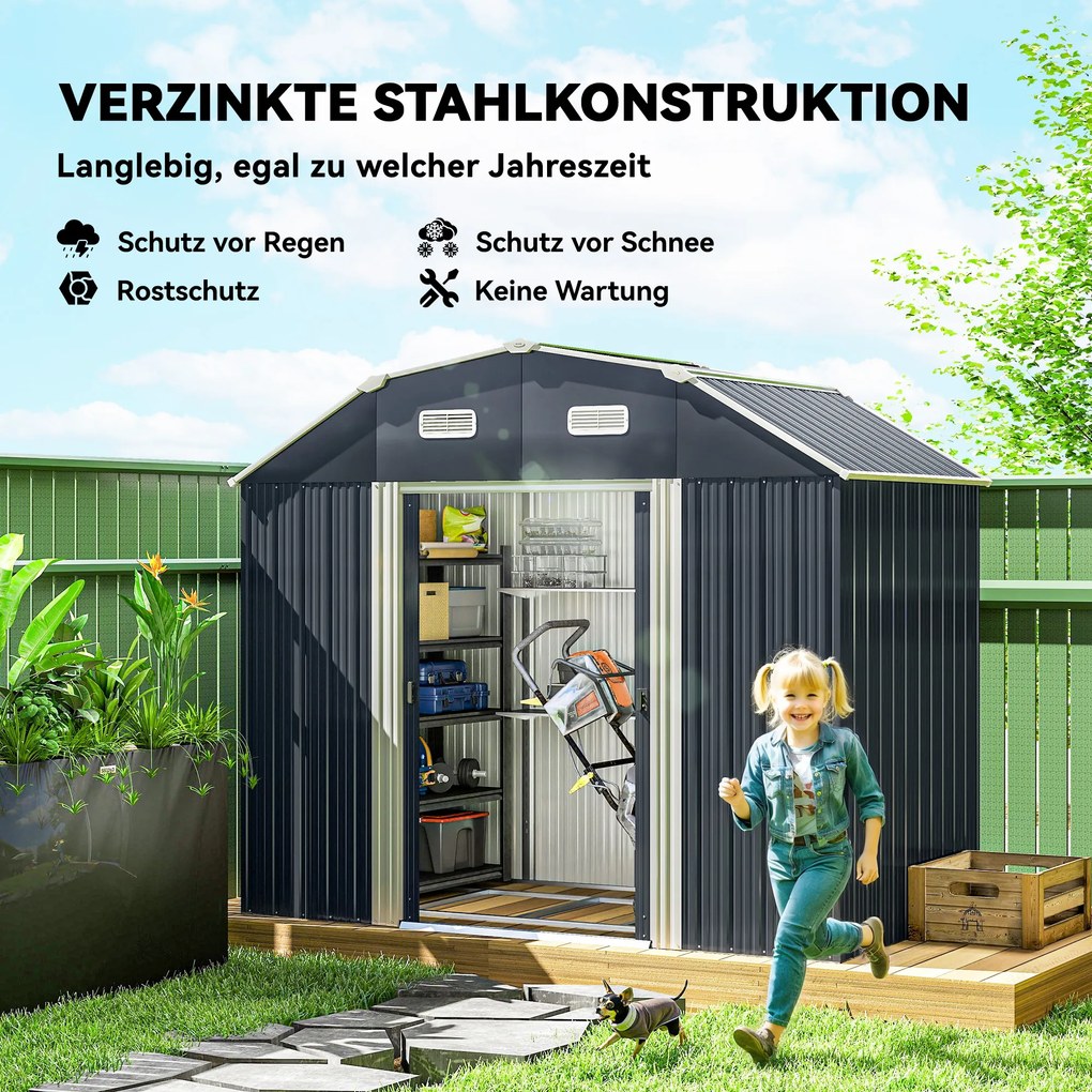 Outsunny Domek narzędziowy do ogrodu, odporny na warunki atmosferyczne, 2 okna, 2 drzwi, 238 x 132 x 198,5 cm, Ciemnoszary