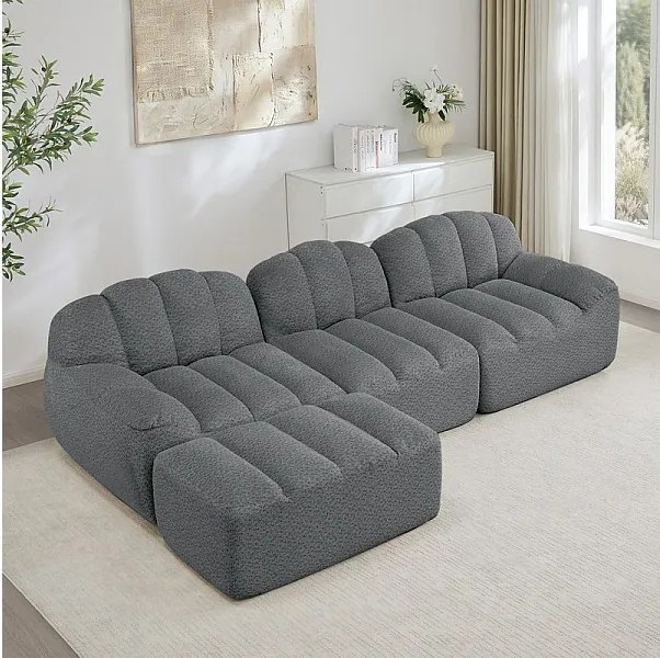 Canapé 3 places modulable en forme de L - avec pouf - velours côtelé - 288x165x79cm - Gris