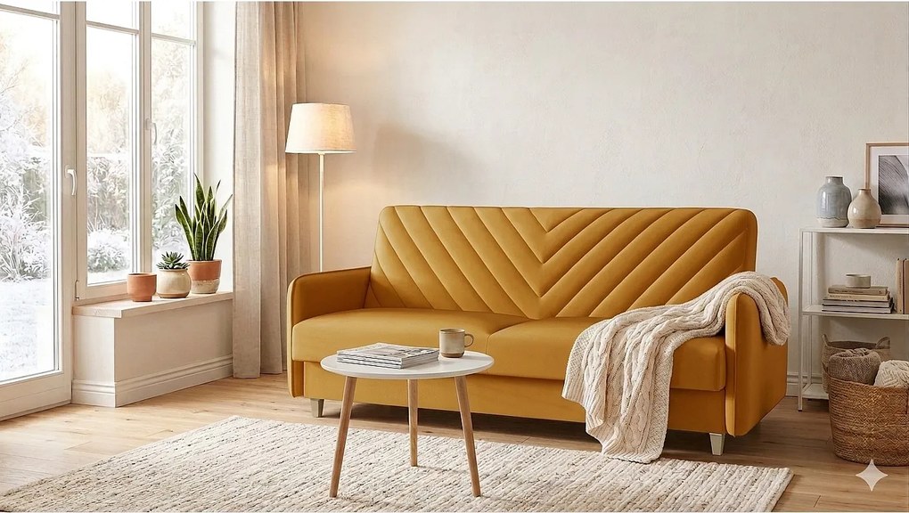 Wersalka MODENA 210 cm – elegancka sofa rozkładana z pojemnikiem i dekoracyjnymi przeszyciami V, musztardowa