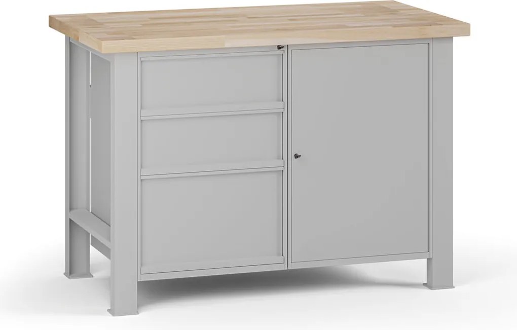 Stół warsztatowy G7, blat bukowy, 1200 x 685 x 840 mm, 1x szafka, 3x szuflada, szary