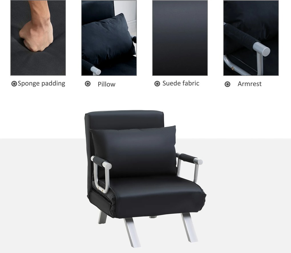 HOMCOM fotel z funkcją spania i łóżka sofa do spania 5-stopniowa regulacja oparcia do 120 kg 65x69x80 cm z poduszką czarny | Aosom PL