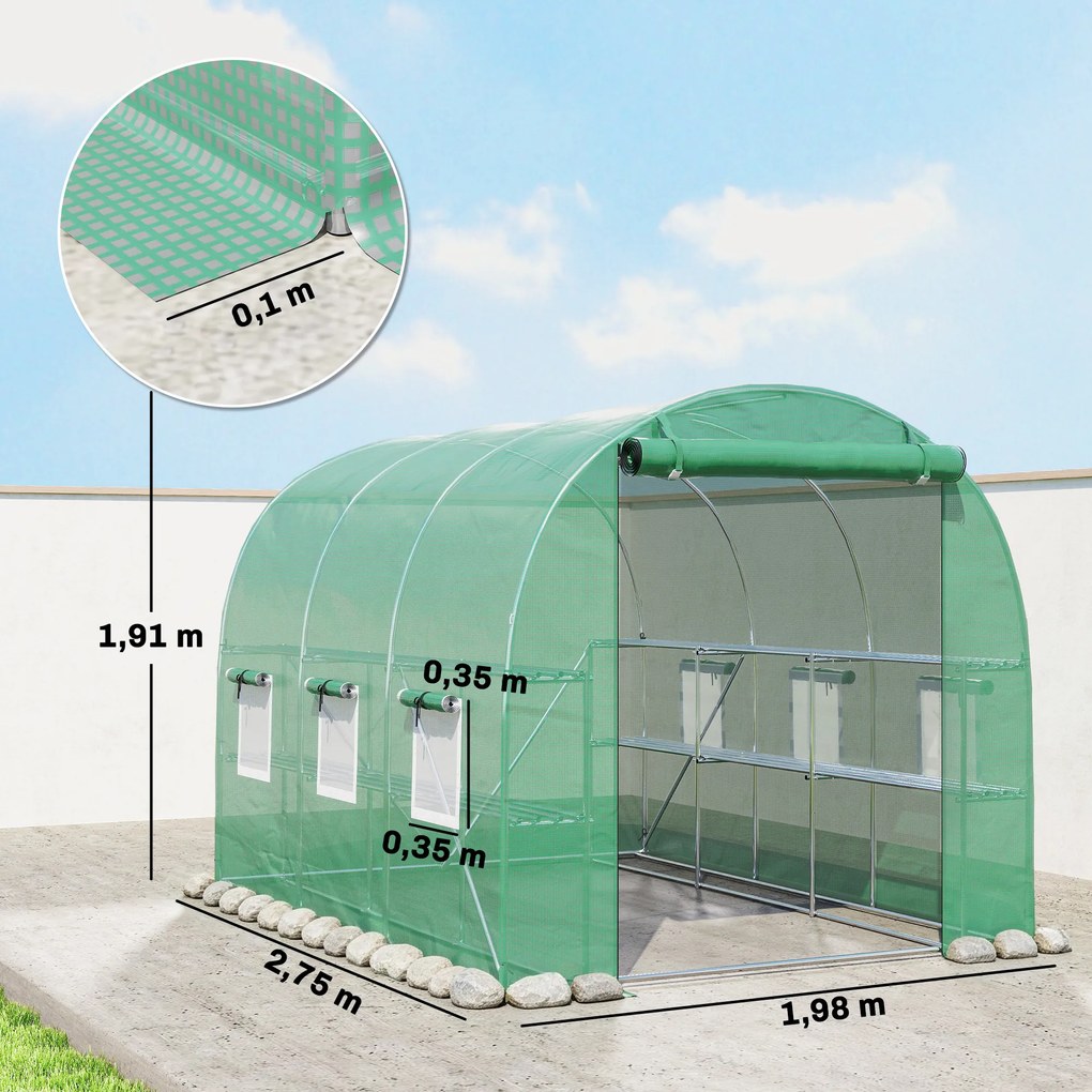 Outsunny Szklarnia ok. 2,7 x 2 x 2 m tunel foliowy z półkami, rolowane drzwi na zamek błyskawiczny, 6 okien siatkowych, wsporniki | Aosom PL