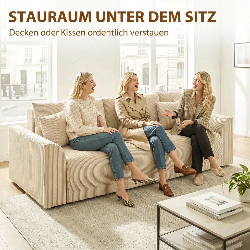 HOMCOM Sofa rozkładana 190x150 cm 3-osobowa z funkcją spania, poduszki, schowek, wygląd sztruksu do salonu, beżowa | Aosom PL