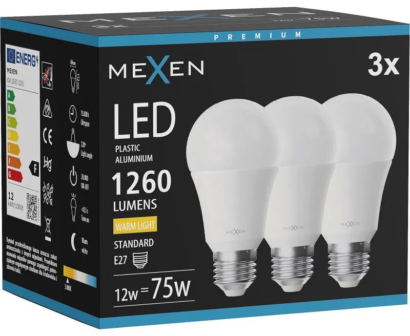 Mexen Nova 3x żarówka LED E27, A60, 12W, Ciepła - 3000K, 1260 lm - L100-E27-1230-01x03