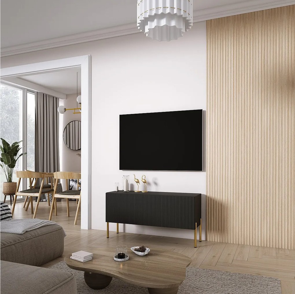 Szafka pod telewizor z ryflowanym frontem 100, Czarny Mat, nóżki proste złote, 100 × 32 × 52 cm