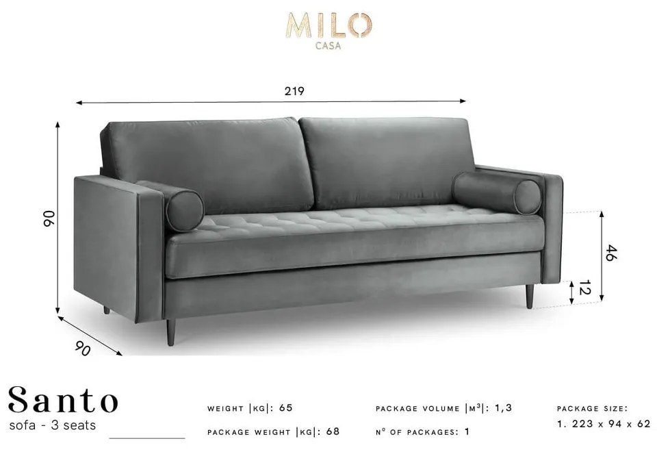 Ciemnoszara aksamitna sofa Milo Casa Santo, 219 cm