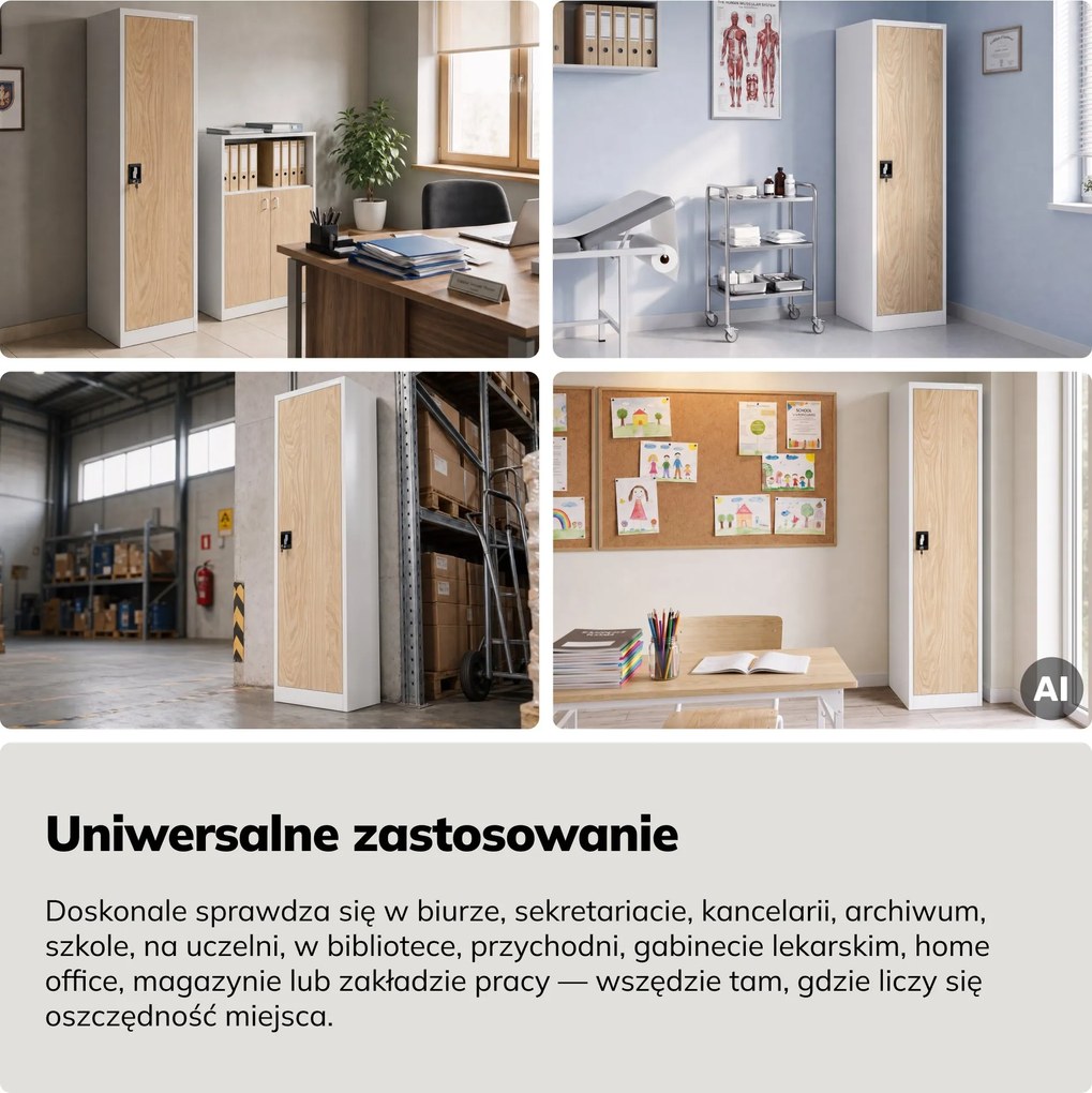 Szafa biurowa metalowa na akta biała/dąb sonoma, 450x1850x400 mm: ALEX Eco Design