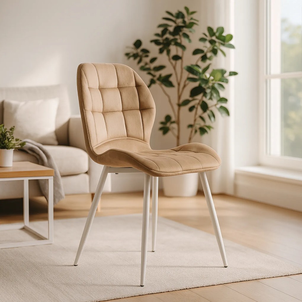 Krzesło Tapicerowane do Jadalni LUCKY Beżowe z Białymi Nogami Welurowe Nowoczesne