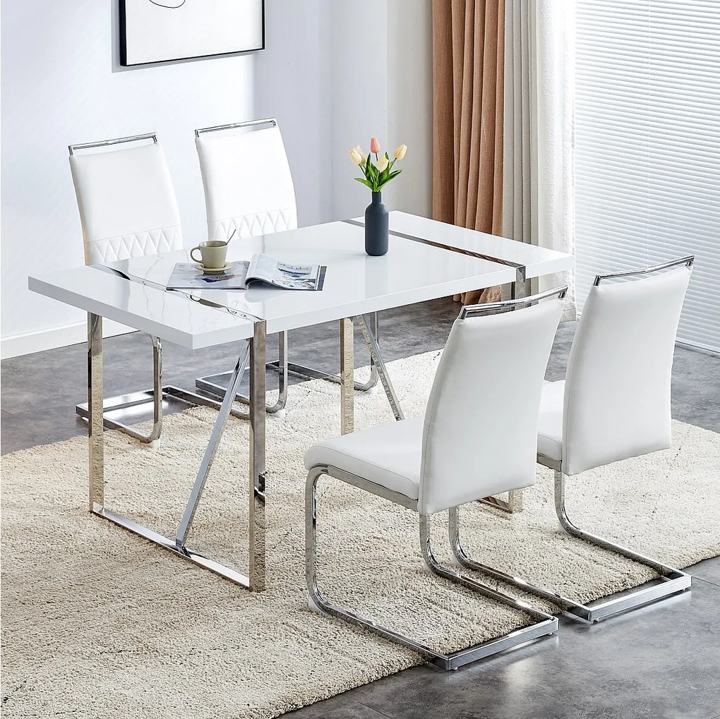 Komplet 4 białych krzeseł do jadalni - oparcie w paski i 4 podnóżki - tapicerka poliuretanowa i len