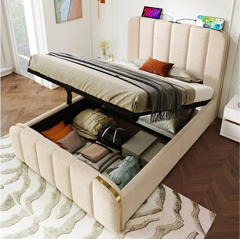 Łóżko ze schowkiem 90 x 200 cm z zagłówkiem - gniazdo USB Type-C - tkanina lniana - beżowe (bez materaca)
